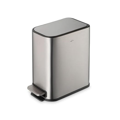 RED FACTOR Slim 1.3 Gallon Stainless Steel Pedal Trash Can with Soft Close Lid for Narrow Spaces – Small Wastebasket Bin with Removable Inner Bucket (Metallic Grey)