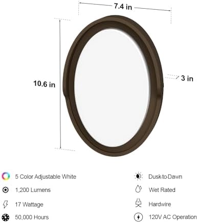 Feit Electric LED Outdoor Wall Light, 1200 Lumens Dusk-to-Dawn Porch Light with 5CCT Selectable Color (3000K–6500K), Bronze Exterior Wall Mount Fixture, Wet Rated LED Sconce S10OWM/5CCT/DD/BZ