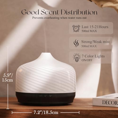 Porseme 500ml Glass Essential Oil Diffuser Aromatherapy Ultrasonic Cool Mist Humidifier 15-21 Running Hours Waterless Auto-Off Air Diffusers for Sleeping Yoga Working Spa(Pure White)