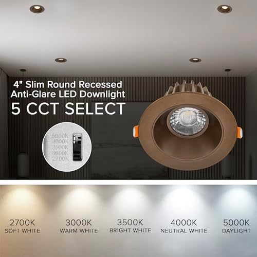 Maxxima 4" Anti-Glare LED Downlight Canless, 1000 Lumens, 5 CCT, Bronze