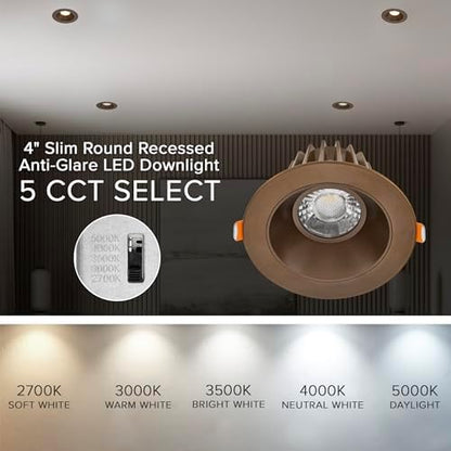 Maxxima 4" Anti-Glare LED Downlight Canless, 1000 Lumens, 5 CCT, Bronze