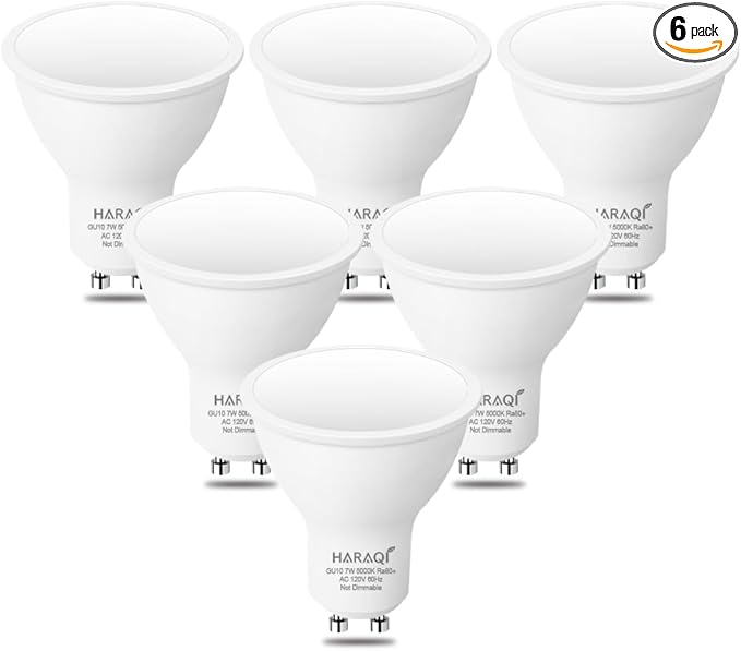 haraqi 6 Pack GU10 120V 7W LED Bulb, 700LM 5000K Daylight White Natural Light 70W Equivalent Reflector Flood Replacement Light Bulbs for Kitchen Hood, Ceiling Fan, Table Lamps