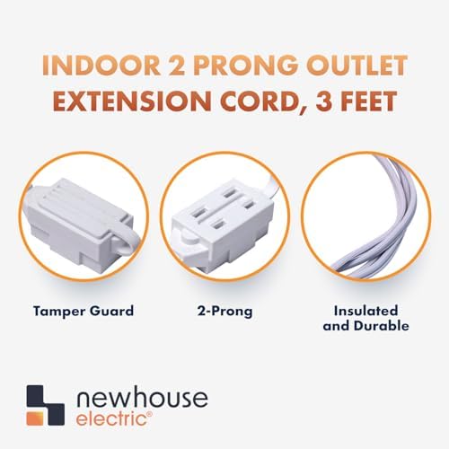 Newhouse Electric 3-Foot 2-Prong Indoor Outlet Extension Cord with Tamper Guard 2 Pack CTCORD3FT-WH, Slim Indoor Extension Cords and Cube Taps for Home and Apartments Essentials
