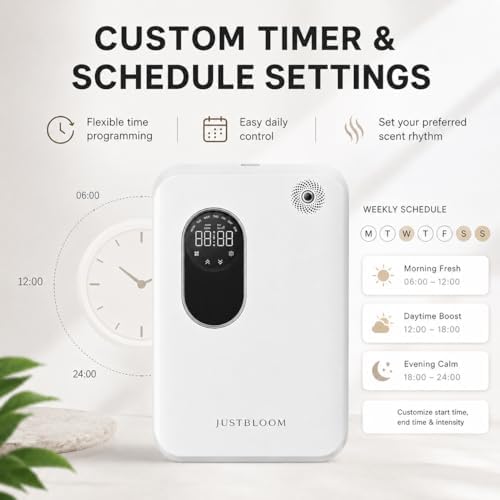 JUSTBLOOM Wall-Mounted Waterless Scent Diffuser, Smart Aroma Diffuser with LED Display, Touch Control, Timer Settings, Quiet Operation for Home, Office & Commercial Spaces, White