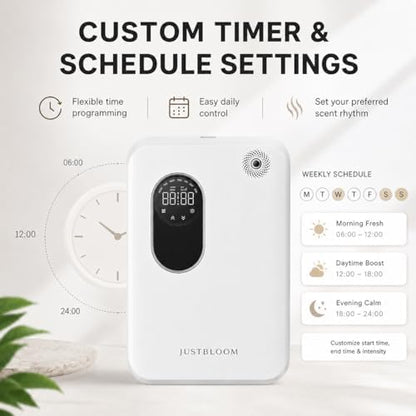 JUSTBLOOM Wall-Mounted Waterless Scent Diffuser, Smart Aroma Diffuser with LED Display, Touch Control, Timer Settings, Quiet Operation for Home, Office & Commercial Spaces, White