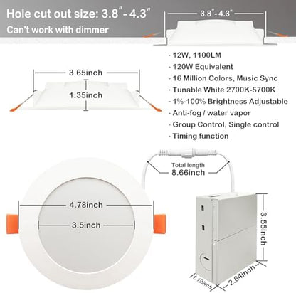 MELPO Smart Recessed Lighting 4 Inch Work with Alexa & Siri，12W 1100LM Recessed Ceiling Light 2700K-5700K，16 Million Colors，Music Sync, DIY Scenes, DIY Flash, LED Downlight with Junction Box，12 Pack