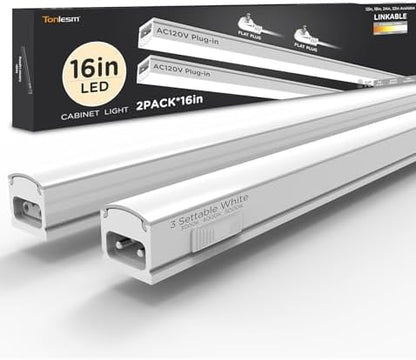 Under Cabinet Lighting Plug in AC120V 3CCT 3000/4000/5000K,Super Bright,Linkable Under Counter Lights for Kitchen,Ultra Slim LED Cabinet Light for Closet,Shelf,Sink,ETL Listed(16inch,White,2Pack)