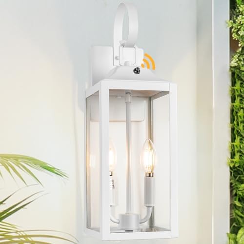 19" White Dusk to Dawn Outdoor Wall Lantern 2-Light, Farmhouse Porch Lights