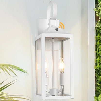 19" White Dusk to Dawn Outdoor Wall Lantern 2-Light, Farmhouse Porch Lights