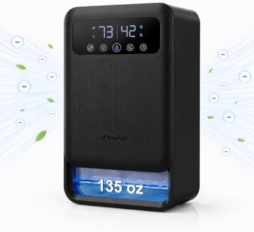 Frizzlife DH80 Dehumidifier with 135oz Water Tank, Small Dehumidifiers With Auto Shut Off & Purifying For Bedroom, Bathroom, Home, Low-Noise Quiet Sleep Mode with Timer, 7 Colors Light, Black