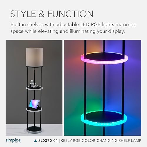 Adesso Smart Floor Shelf Lamp - Three Shelves for Modern Home Decor, Linen Drum Shade, App-Controlled Accent Lighting with E26 Bulb Socket & Integrated LED Lights, 57" Tall