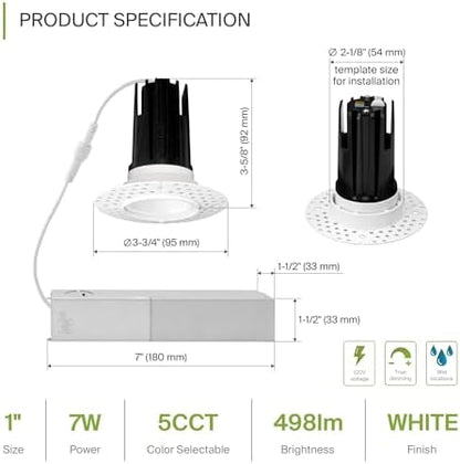 ASD 1 Inch Trimless LED Recessed Ceiling Light Fixture, Mud-in Canless Downlight with Junction Box, 5CCT Selectable 2700K-5000K, 7W 498 Lumens, CRI90+, Anti-Glare, Dimmable, IC & Wet Rated, ETL