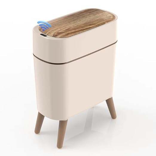 suyika Automatic Trash Can, 2.6 Gallon/10L Bathroom Trash Can with Lid - Wood Grain Lid and Legs, Touchless Waterproof Garbage Bin for Bedroom, Bathroom, Office, Living Room