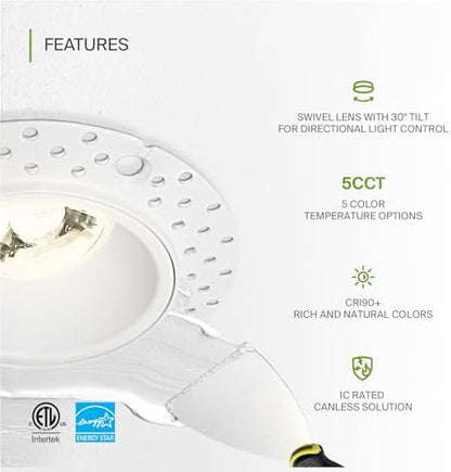 ASD 2 Inch Trimless Gimbal LED Recessed Ceiling Light, Adjustable Directional Downlight with Junction Box, 5CCT 2700K-5000K, 8W 717 Lumens, CRI90+, Anti-Glare, Dimmable, IC & Wet Rated, ETL, 18 Pack