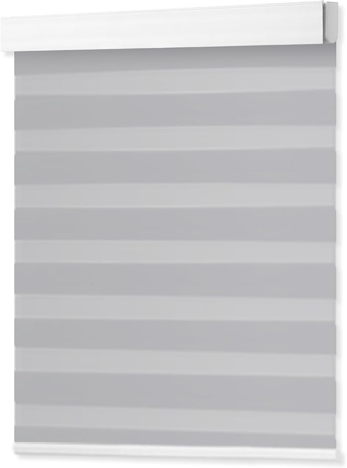 DENFOON Motorized Zebra Blinds, Solar Powered Dual Layer Automatic Shades with Remote Control, Rechargeable Smart Blinds Horizontal Wireless Electric Shades for Windows. Gray， 29 x 72