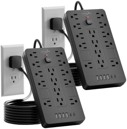 JouleLoom 2 Pack Surge Protector Power Strip-14 Outlets and 6 USB Ports, 6 Feet Flat Plug Extension Cord, 1850 Joules, Black, ETL Listed for Home, Office, Dorm Room