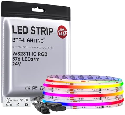 BTF-LIGHTING RGB WS2811 Smart IC FCOB COB LED Strip, UL Listed 576LEDs/m High Density Color Chasing Uniform Light, DC24V 9.8FT 10mm Width Tape Light for Home Party DIY Decor(No Adapter or Controller)