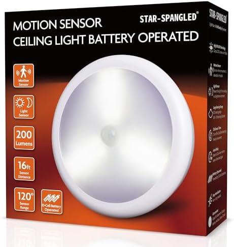 STAR-SPANGLED 6.3” Motion Sensor Ceiling Light Indoor AA/D Battery Operated