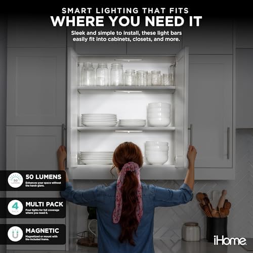 iHome Rechargeable Auto Sensing Light Bars, Motion Sensor, Dimmable, Auto/Always-On Modes, Easy Installation (4-Pack LED Light Bar)