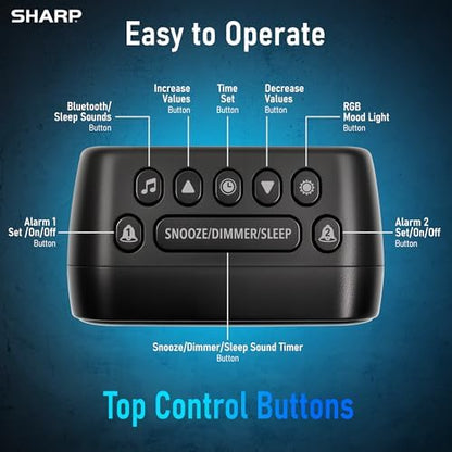Sharp RGB Alarm Clock with Bluetooth Speaker, Sleep Sounds, Night Light