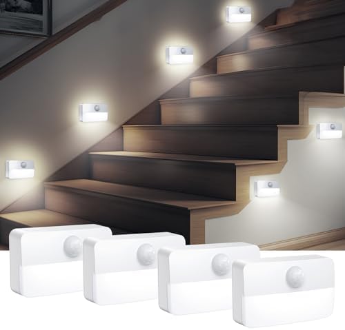 AMIR 4 Pack Mini Motion Sensor Stair Light for Indoor, Battery-Powered LED Night Light, 40 Lumen 6500K, Cordless Closet Lights, Safe Lights for Stairs, Hallway, Bathroom, Kitchen, Cabinet