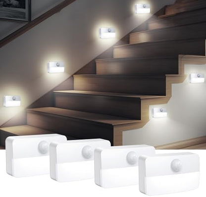AMIR 4 Pack Mini Motion Sensor Stair Light for Indoor, Battery-Powered LED Night Light, 40 Lumen 6500K, Cordless Closet Lights, Safe Lights for Stairs, Hallway, Bathroom, Kitchen, Cabinet