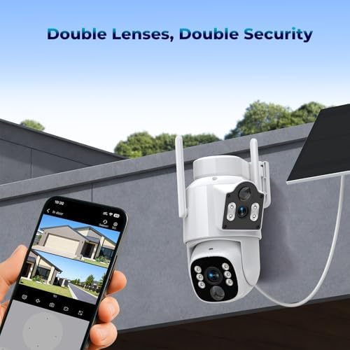 Solar Security Cameras Wireless Outdoor, Dual-Lens Security Camera System, Multi-Angle Monitoring, 360°PTZ, 2K Color Night Vision,2-Way Audio, 0 Monthly Fee, 2.4 & 5GHz WiFi