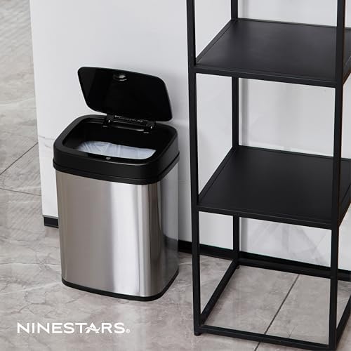 Ninestars 3 Gallon Automatic Trash Can, 12L Touchless Motion Sensor Bathroom or Bedroom Garbage Can with Odor-Sealing Lid, Rectangular Stainless Steel Base, Black Lid