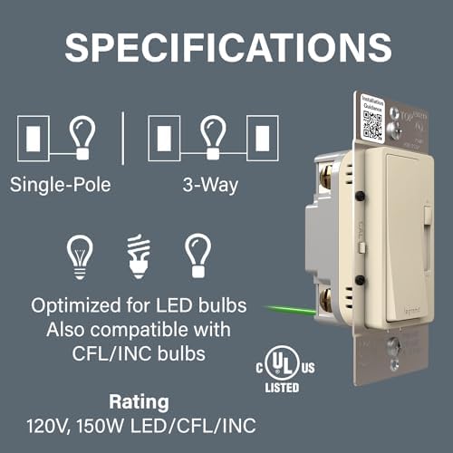 Legrand Radiant 150W LED Dimmer Light Switch 3-Way Rocker Light Almond 1Pk