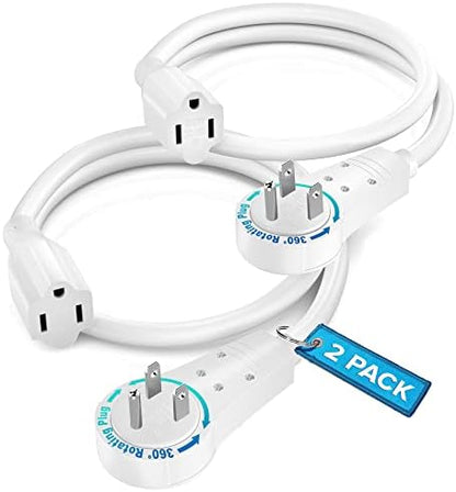 Maximm 0.5 Ft 360 Rotating Flat Plug Extension Cord, 14 AWG, White, UL, 2 Pack
