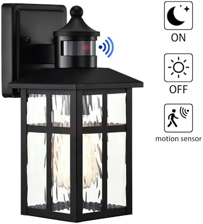 Edvivi Motion Sensor Porch Lights Outdoor, Dusk to Dawn Outdoor Lighting Wall Sconces with Water Glass, Matte Black Wall Mounted Lantern Light Wet Rated Exterior Lighting Fixtures for House 2-Pack