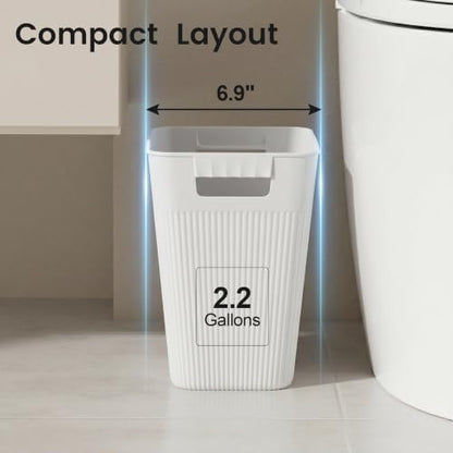 JOYMOOP Slim Trash Can 8-Pack, 2.2 Gallon Plastic Wastebasket for Bathroom, Bedroom, Office, Kitchen with 4 Rolls Bags, White