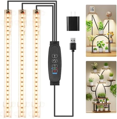 RWNTAO 3 Head 7.8 Inches LED Grow Light Strips, Grow Lamps for Indoor Plants Full Spectrum 3000K, 72 LEDs Plant Light Strips with 3/9/12H Timer, 10 Dimmable Levels for Seedling Succulent