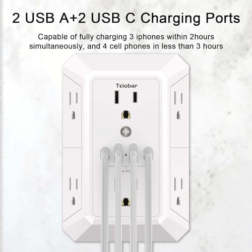 Multi Plug Wall Outlet Surge Protector with 6-Outlet & 4 USB Ports(2USB-C)