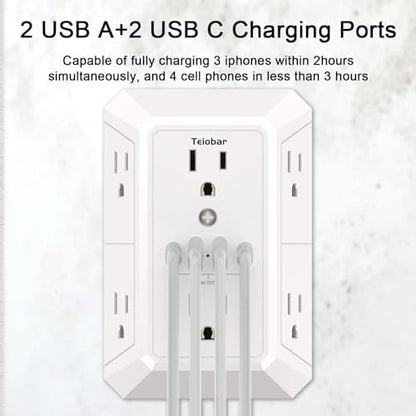Multi Plug Wall Outlet Surge Protector with 6-Outlet & 4 USB Ports(2USB-C)