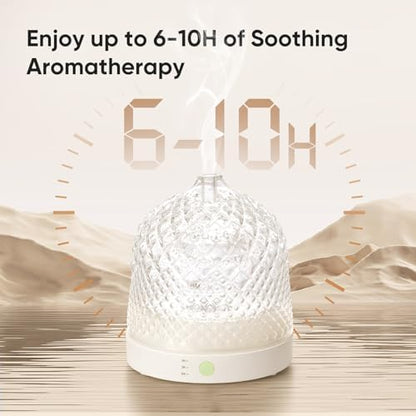 Lecdura Glass Essential Oil Diffuser, 200ml Ultrasonic Aroma Diffusers with Glass Reservoir Dome & White Plastic Base Lock Color Auto-Off Timer 7 Color Light for Home Office Bedroom Yoga