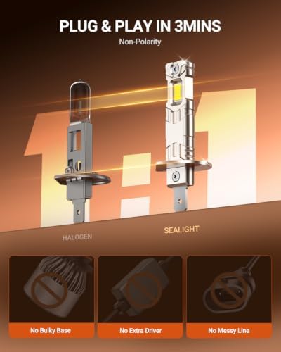 SEALIGHT 2026 Upgraded H1 LED Bulbs, 80,000LM 6500K Cool White Light, H1 Bulb with Advanced Liquid Copper Tube Cooling, 1:1 OEM Size Beam Pattern, No Adapter Needed, Error Free, Pack of 2