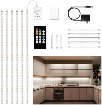 DAYBETTER Under Cabinet Lighting kit, 6 PCS LED Strip Lights with Remote, Dimmer and Adapter, Dimmable for Kitchen Cabinet,Counter,TV Back,Showcase 2700K-6500K Warm to Daylight White, Timing, 20ft