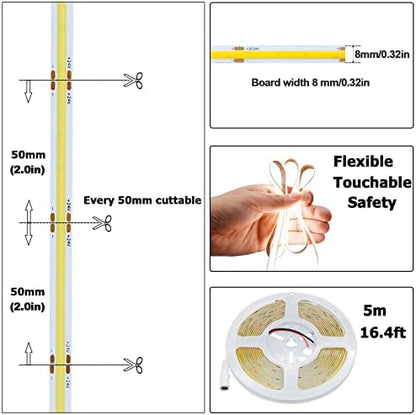 24V COB LED Strip Light Natural White 4000K 16.4ft/5M CRI 93+ 4500lm