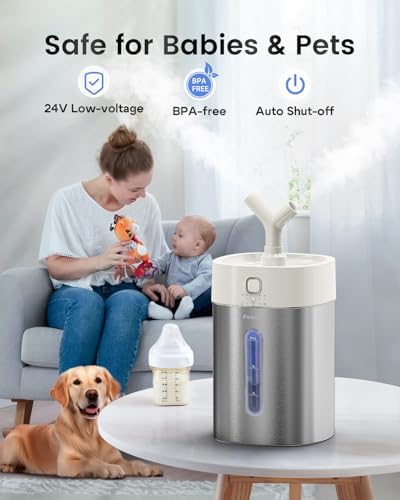 Feekaa Stainless Steel Humidifier, 4L/1Gal Cool Mist Humidifiers for Bedroom up to 500 sq ft, Easy Clean Dishwasher Safe Humidifiers for Baby, Humidifier Large Room Nursery Living Room Office, White