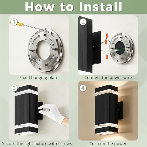 JYV Square Dusk to Dawn Outdoor Wall Lights, Up and Down, Black 4 Pack