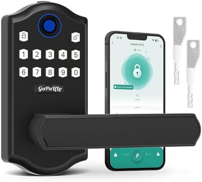 Smart Fingerprint Door Lock with APP Control, Keyless Entry Biometric Door Lever, Electronic Interior Door Handle with KeyPad, 4-in-1 Unlock Methods for Home Security,Black