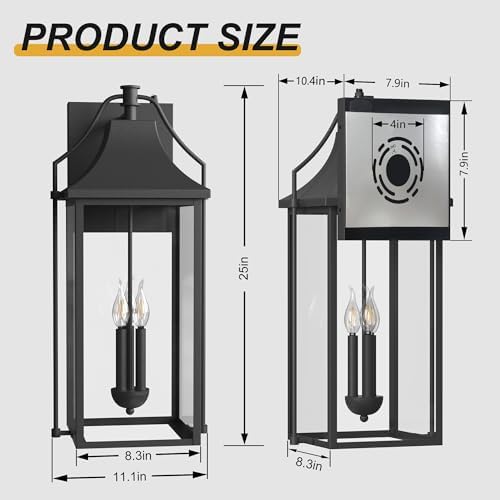 25IN Dusk to Dawn Outdoor Wall Sconce, 3-E12 Base Porch Light