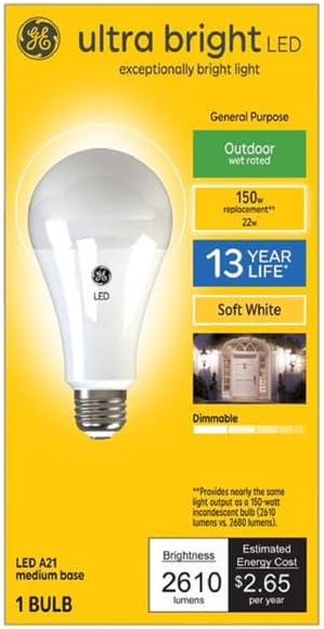 GE 93129366 LED Outdoor-Rated Ultra Bright Light Bulb, Soft White, A21 Medium Base, 22 Watt - Quantity 1