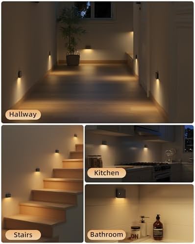 EZVALO 4 Pack Motion Sensor Night Lights Indoor, Rechargeable 1500mAh LED Stair Lights with Magnetic & Dimmable, Auto On/Off 3000K Soft White, Adhesive No Drill for Stairs, Hallway, Bathroom, Closet