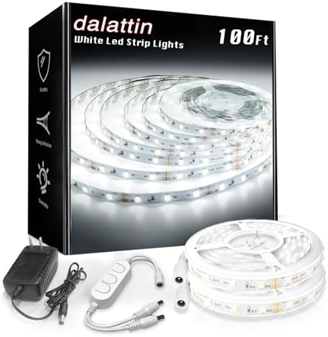 dalattin White LED Strip Lights 100ft, Dimmable Bright 24V Led Light Strip 6500K Daylight White 1800 LEDs Lights for Bedroom, Mirror, Kitchen, Strong Adhesive, 2 roll of 50ft