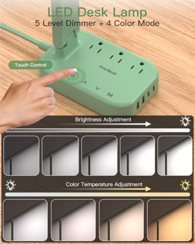 LED Desk Lamp Power Strip with 4 USB 3 Outlets, Dorm Room Essentials, Green