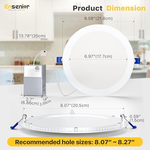 Ensenior 16 Pack 8 Inch LED Recessed Ceiling Light, Dimmable, 2700K-5000K 5CCT, 1600LM 18W 120V, High Brightness Canless Wafer Downlight - ETL&FCC&IC