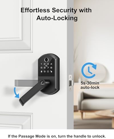 Smart Lock with Lever Handle, Keyless Entry Door Lock with Fingerprint, App Control, Passcode, IC Card & Key, Bluetooth Smart Door Lock for Front Door