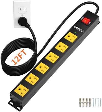 6 Outlet Power Strip 2700J Surge Protector, Heavy Duty Power Strips with 12FT Long Cord and Flat Plug, Wall Mountable Metal Strip for Desk, Garage, Workbench and Kitchen